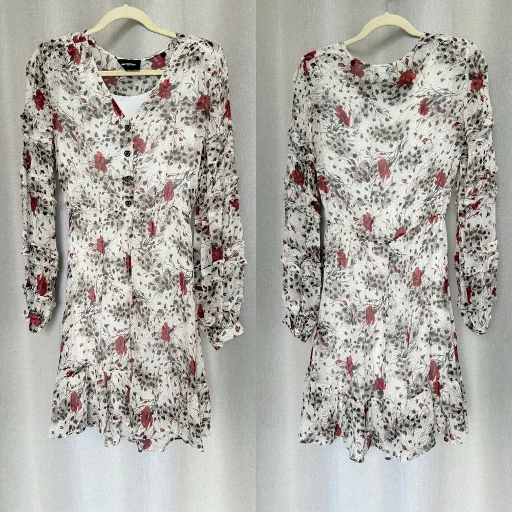The Kooples Flying Flowers Silk White Red Long Sleeve Mini Dress FR 2 US S
